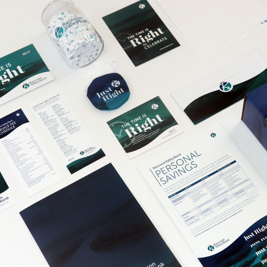 Raccoon Valley Bank promotional items including printed materials
