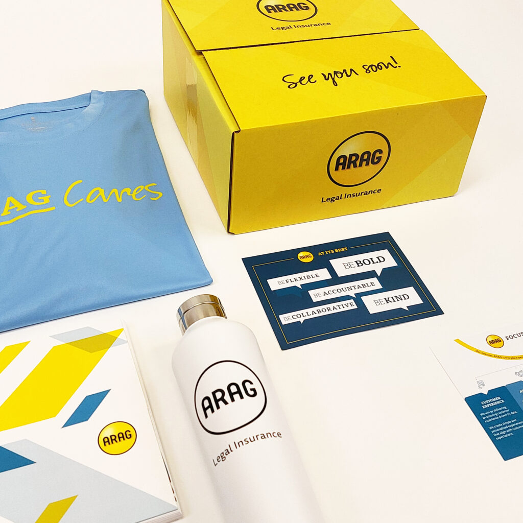ARAG Legal Insurance promotional items including: shirt, box, postcard, tumbler and other more