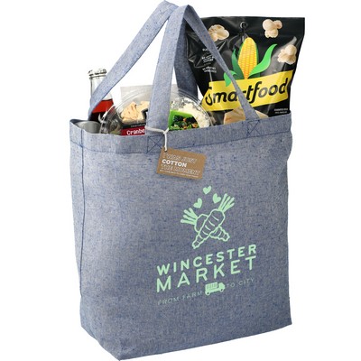 A custom logoed tote bag filled with groceries