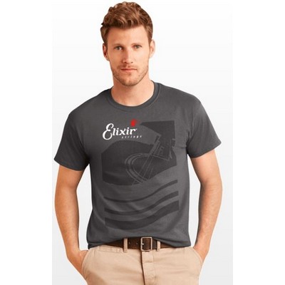 Man in a custom designed t-shirt with company logo