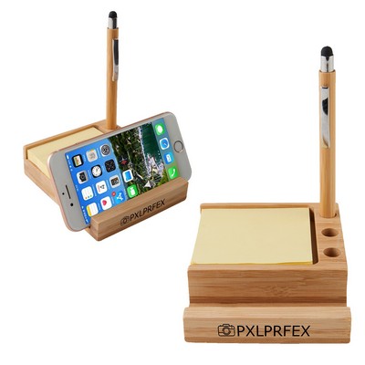 Branded desk organizer with a built in phone stand and space for sticky notes and pens