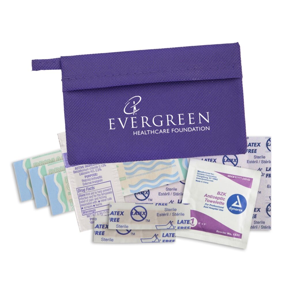 3" x 5" wellness pouch that includes bandages, an antiseptic towelette and more
