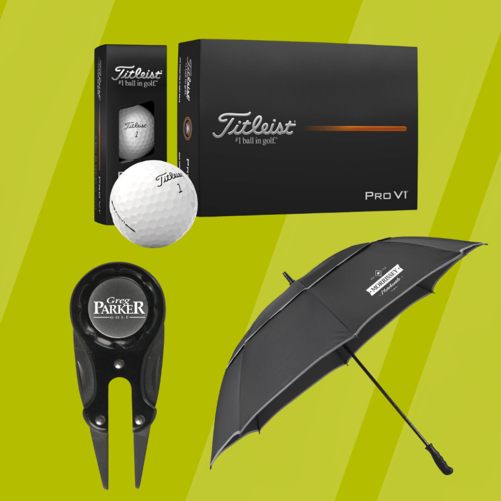 Branded golf promotional products: golf balls, umbrella and ball mark repairer
